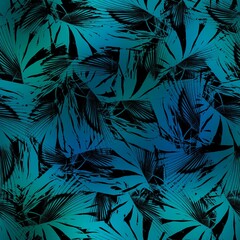 Seamless Miami night tropical pattern black foliage on sunset blur. High quality illustration. Swim, sports, or resort wear repeat print. Dark foreground on blurred background. Dark vibrant colors.