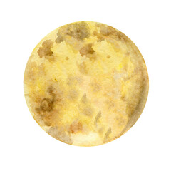 Watercolor yellow moon illustration with craters. Planet, celestial body on a white background.
