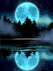 Landscape of northern forest and floating boat in creepy starry night	