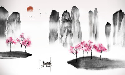 Chinese traditional landscape painting of lake - 391150145