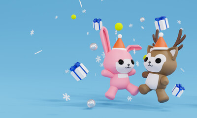 3d rendering animal jump and happy with four giftboxs and snowflake. theme Merry christmas and happy new year.