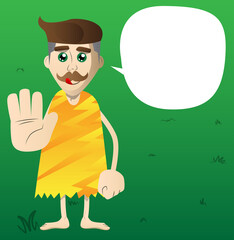 Cartoon caveman showing deny or refuse hand gesture. Vector illustration of a man from the stone age.