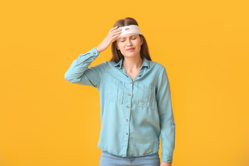 Woman with problem of slow healing on color background. Diabetes symptoms