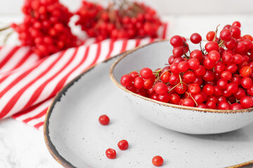 Bowl with fresh viburnum berries on table