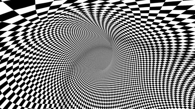 4k Seamless loop. Hypnotic optical illusion black and white wormhole. Tunnel vortex checkerboard background. Checkered wormhole rotating.