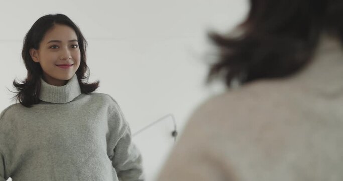 Beautiful Young Asian Woman Looking At Mirror Feel Happy Ready To Go Out Work 