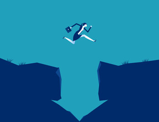 Businesswoman jumping crossing a cliff with downward arrow shaped