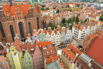 Top view of Gdansk old town with reddish tiled roofs of old town in Gdansk