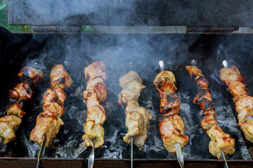 Close up. Grilled meat shish kebab on skewers outdoor.