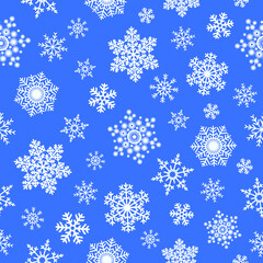 Vector seamless pattern. White snowflakes on a blue background. Winter elements and symbol for holidays card, print, events, wrapping paper and textile