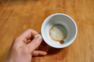 Looking inside an empty coffee cup with just leftover drops