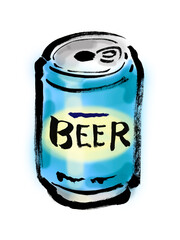 青いカンに入った缶ビールの手描きイラスト