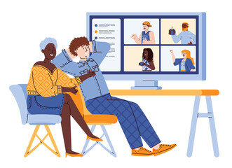 Persons communicate with friends, colleagues using video conference chat. Business or friendly meetings using remote technology due to long distances, quarantine. Vector illustration