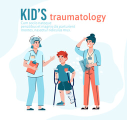 Kids traumatology clinic web banner template with characters of doctors and injured child, flat cartoon vector illustration. Boy with leg injury visit pediatrician.