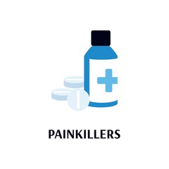 Bottle with medication and painkillers tablets, flat vector illustration isolated on white background. Pain relief drugs for pharmacy store or health clinic.