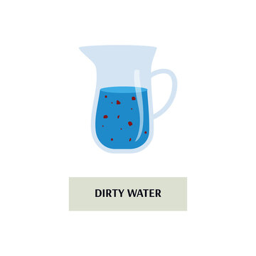 Dirty water in glass jug - isolated pitcher jar with bacteria or dirt floating in blue liquid. Unsafe contaminated drink concept, vector illustration.