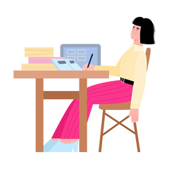 Bored tired cartoon woman office worker at workplace, flat vector illustration isolated on white background. Burning out at work, exhaustion and tiredness.