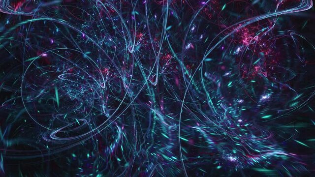 Pure chaos nucleus of super fast moving lines and space matter, endless looping surreal 3d animation.