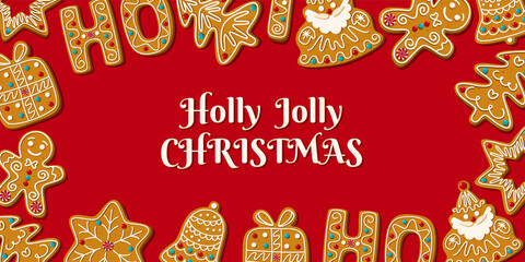 Christmas horizontal banner with homemade gingerbread on a red background.