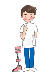 ガッツポーズをする男性と長下肢装具