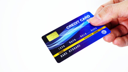 Hand send credit card on white background.