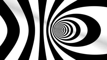 4k Seamless loop. Abstract black and white three dimensional geometrical wormhole motion graphics. Striped optical illusion. Black and white optical illusion tunnel. Surrealism lines moving. - Powered by Adobe