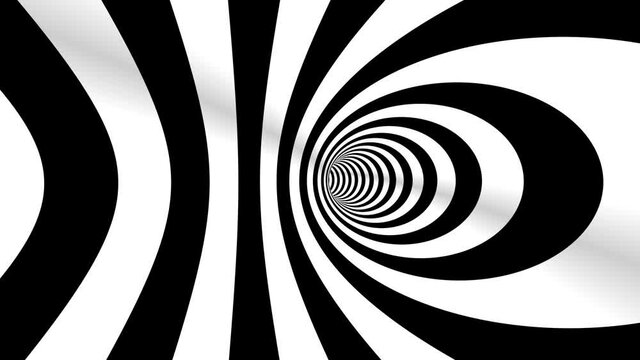 4k Seamless loop. Abstract black and white three dimensional geometrical wormhole motion graphics. Striped optical illusion. Black and white optical illusion tunnel. Surrealism lines moving.