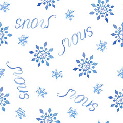 Fototapeta na wymiar Watercolor hand drawn seamless pattern with Snow phrase writing lettering and blue snowflakes. Elegant illustration for Christmas New year cards invitations design. Electric blue snow frost pastel