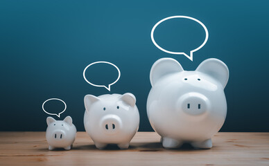 Income Management, expenses, invest, save, three white ceramic piggy bank on wood table. family Piggy Bank for saving and investment.