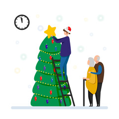 elderly couple and their son decorate the Christmas tree, 2021 year of the bull, Merry Christmas and New Year at home. Family celebration. Vector illustration