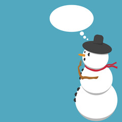 a snowman in a hat and scarf as if wondering something, with thought balloon and space for text
