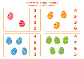 Counting game with cartoon Easter eggs. Math worksheet.