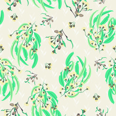 Yellow Eucalyptus Blossom with Gumnuts seamless vector repeat pattern