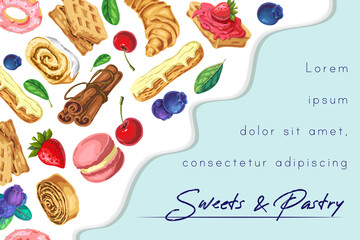 vector sweet background, banner with pastry and dripping cream on blue. fresh bakery illustration. berries, desserts and melted chocolate horizontal composition, border, frame. great for trendy design