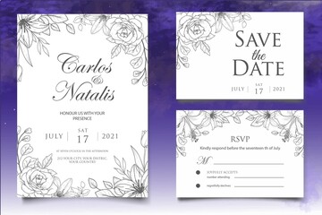 Beautiful floral wedding invitation template with hand drawn style
