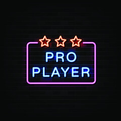 Pro player neon signs vector. Design template neon sign