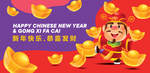 Cartoon cute God of Wealth (Caishen) scattering gold ingots on irregular shapes background. Translation: Happy New Year and May you have a prosperous year  - Shopping banner template