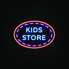 Kids store neon signs vector. Design template neon sign