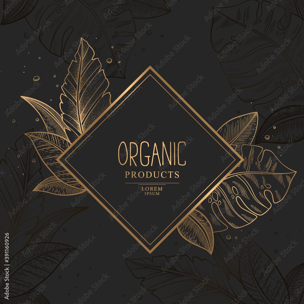 Wall mural vector gold logo with hand drawn trendy exotic palm and monstera leaves isolated on black background