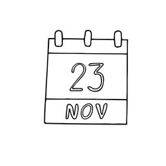 calendar hand drawn in doodle style. November 23. World Watercolor Day, date. icon, sticker, element, design. planning, business holiday
