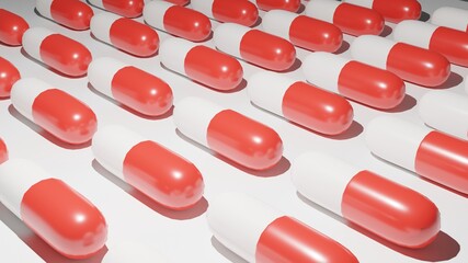 White and Red Medicine Capsules or Pills with 3D Rendering