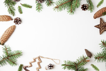 Christmas or New Year background with copy space. Christmas decorations on white background, top view