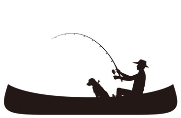カヌーで釣りをする男性と犬