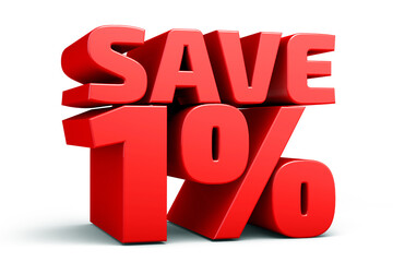 Red text, save 1% isolated on white background discount. 1 percent. Sales concept. 3d illustration.	
