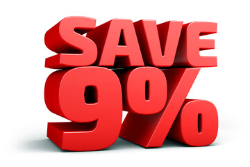 Red text, save 9% isolated on white background discount. 9 percent. Sales concept. 3d illustration.	
