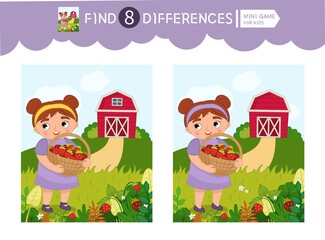 Fototapeta premium Find differences. Educational game for children. On the farm collection.