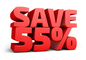 Red text, save 55% isolated on white background discount. 55 percent. Sales concept. 3d illustration.	
