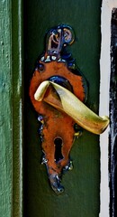 Close up of a vintage brass door handle