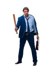 Young male employee holding baseball bat isolated on white