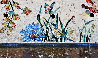 Close up of mosaic artwork on a water fountain